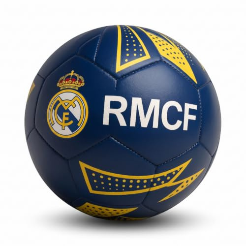 SaoTi Balon Futbol Talla 5 Diseño Inspirado en Club de Madrid Azul y Dorado - Balones de Futbol Resistentes Cosidos a Máquina - Pelotas Futbol Entrenamiento Adulto Niño Escudo RM