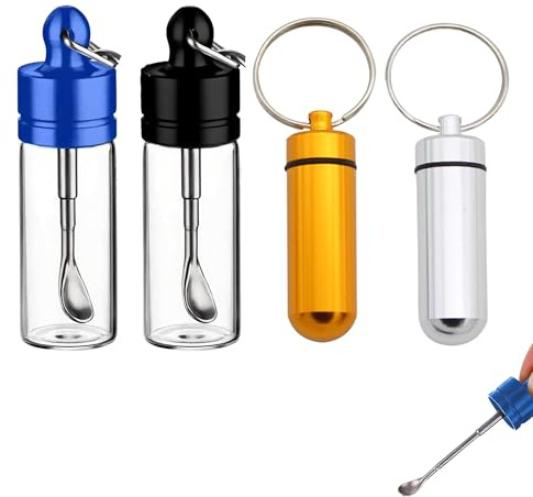 4PCS Mini Bottle with Spoon Kit, Portable Glass Containers Metal Waterproof Small Pill Case Container Refillable Container Keychain for Kitchen Spices, Outdoor Travel Camping