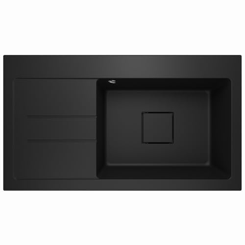 Lavello Granitspüle Schwarz – Tiefe Einbauspüle 88x50 cm – Küchenspüle 1 Becken mit Abtropffläche – Kratzfest & Reversibel – mit verdecktem Ablauf – inkl. Ablauf-Set & Ablaufgarnitur