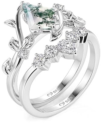 Damen Ring Set Moosachat Bandring Drachenschnitt Zirkonia Vorsteckring mit Weinblatt Fingerring Sterling Silber Stapelring Schmuckring mit Stein Silberring für Frauen