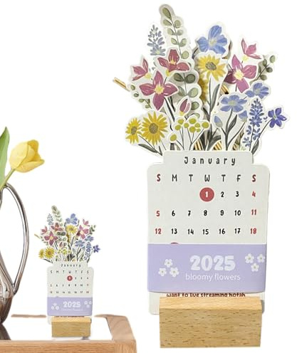Bloomy Flowers Bordskalender, bordskalender 2025, skrivbordsdekorationskalender med träbas | 2025 kreativ kalender, avtagbar för hemmet