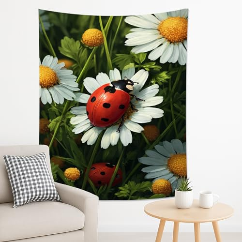 Marienkäfer und Chrysantheme, grüner Wandteppich, florale Natur, Wandbehang, Frühlingsdekoration für Schlafzimmer, Wohnzimmer, Wohnheim, 152,4 x 203,2 cm
