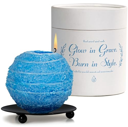 Spiral Candle Burn Around, Unscented Unique Shaped Decorative Candle on Metal Base, 4.5 Blue Beeswax Soy Wax Candle, 4h Burn, Twisted Wave Design, Gifts for Him Her, 10oz