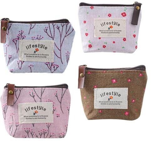 4 Pcs Small Fabric Zipper Pouches 3.94×3.54 inches Linen Floral Makeup Bag Cute Fabric Mini Cosmetic Bags With Zipper Portable Purse Holder Coin Canvas Change Pouch With Flower Pattern For Women Girls