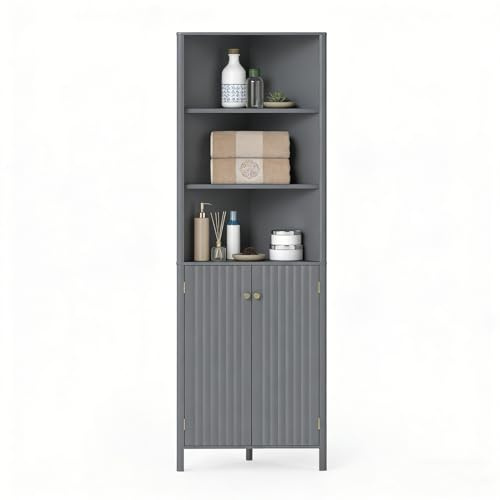 LIFEZEAL Mueble de baño esquinero para Ahorrar Espacio, Armario de baño de Esquina, 58 x 32 x 172,5 cm, aparador de Cocina, despensa, con estantes Ajustables, 5 Compartimentos, 2 Puertas (Gris)