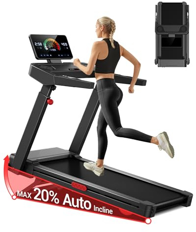 Treadmills for Home with 20% Auto Incline, 14KM/H Foldable Treadmill with Handles, Running Machine for Heavy People, 180KG Weight Capacity, Large Running Belt and Intelligent LED Touch Screen