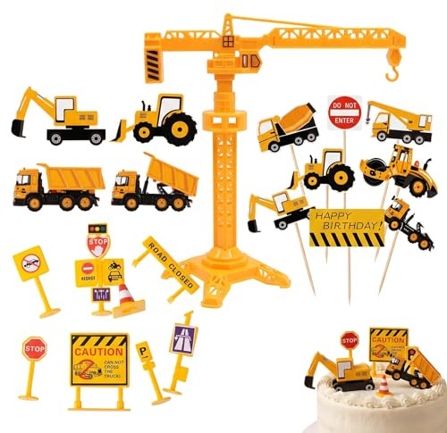 OPVYAEU 26 Pcs Décoration Gâteau Anniversaire Chantier - Kit de Décoration Gâteau avec Grue, Véhicules de Construction, Panneaux de Signalisation pour Enfant Garçon, Thème Excavatrice et Travaux
