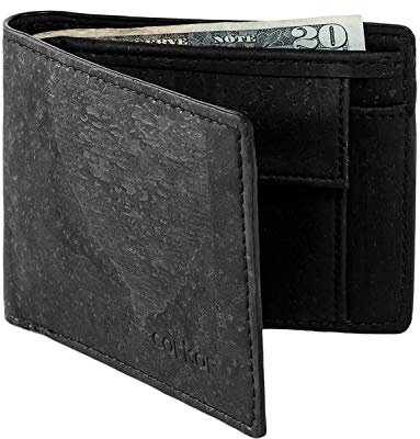 Corkor Cork Wallet for Men Coin Pocket RFID Blocking Vegan Non-Leather Eco Gift Black Color