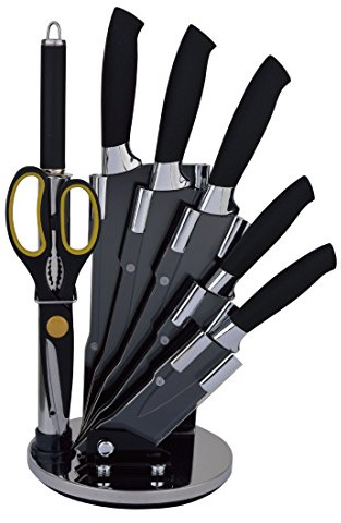 Set coltelli Neri EN-23438 in acciaio con ceppo espositore per conservare i coltelli puliti ed in sicurezza, 8 pezzi con lame antiaderenti