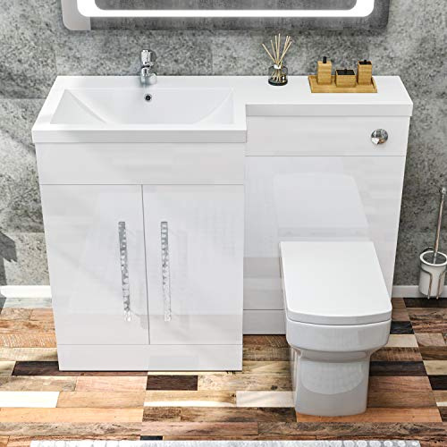 ELEGANT 1100mm L Shape Bathroom Vanity Sink Unit Furniture Storage,Left Hand High Gloss White Vanity unit + Basin + Ceramic Square Toilet with Concealed Cistern | Left Hand High Gloss White Vanity unit + Basin + Ceramic Square Toilet with Concealed Cistern