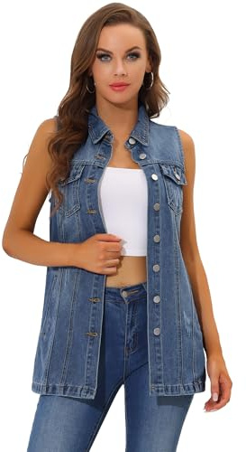 Veste en Jean Femme sans Manches Gilet en Denim Boutonnée | Mi-Longue Décontractée