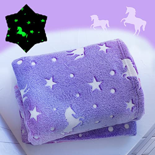 Unicorn Throw Blankets Glow in The Dark Soft Throw Blanket for Girls Boys with Storage Bag, Gifts for Holiday Birthday, Kids Blanket, Day Care Home Travel Use, 50x60 Purple