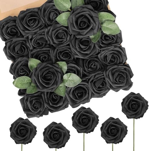 N&T NIETING Künstliche Blumen Rosen, 25 Stück Deko Blumen Fake Rosen mit Stielen für Valentinstag, Muttertag, Hochzeitsfeier, Babyparty, Braut Party, Zuhause Dekoration, Schwarz
