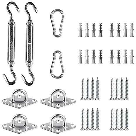 Sichtschutz Sonnensegel Befestigungs Set, Sonnensegel Zubehör Montage, 304 Edelstahl Sonnenschirm Hardware Kit für Viereckigen Dreieckigen Sonnensegeln(8-teiliges Set für Viereck + 16st Schrauben)