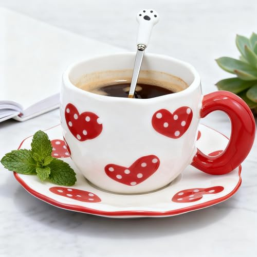 Disoza Set de tasses à café avec soucoupe Douceur Rouge Coeur Tasse Cadeaux d'anniversaire pour les femmes Tasse à thé Café Soucoupe 250 ml Tasse Céramique Cadeau d'anniversaire pour les femmes Fille