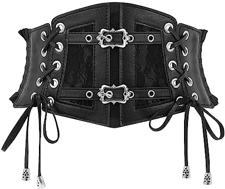 LEACOOLKEY Cintura da corsetto da donna, larga, elastica, per costumi di Halloween, cintura a vita con lacci, per abiti, G-nero., Passform Taillenumfang 128-132cm