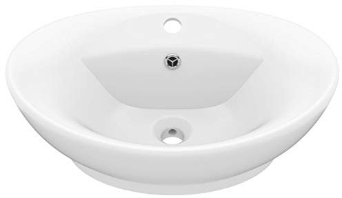 Tidyard Lavandino con Troppopieno,Lavabo da Appoggio in Ceramica,Lavandino da Appoggio,Lavabo in Ceramica,Lavello per Bagno,Cosmetici o Toilette,Lavandino Ovale Bianco Opaco 58,5x39 cm