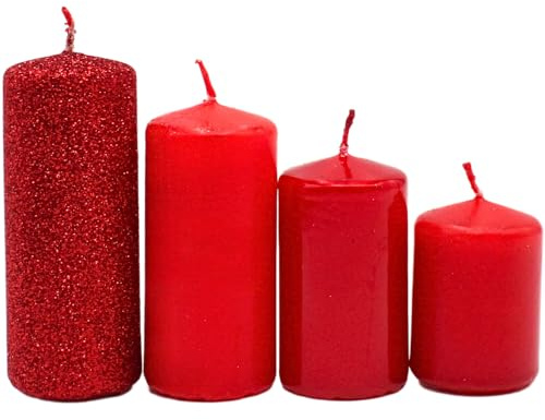 Lot de 4 bougies piliers à niveaux, pour couronne de l'Avent, dans les tons rouges, non parfumées, 4 tailles, hauteur : 5 à 10 cm, diamètre : 4 cm, 280 g