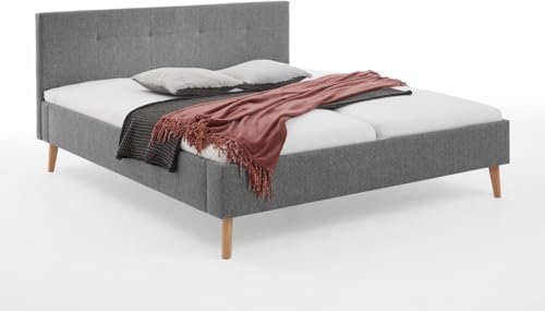 Furn.Design Polsterbett 180 x 200 cm in grau Doppelbett Kopfteil mit Steppung und Füße aus Eiche Massivholz Swing (180 cm)