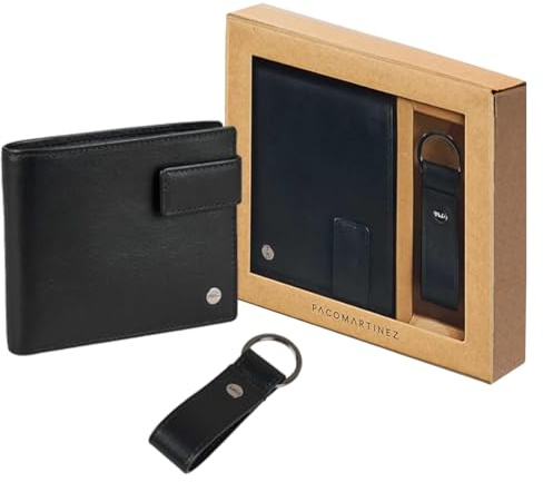 PACO MARTINEZ Set de Regalo para Hombre, Caja Regalo con Cartera Billetero para Hombre y Llavero Plano a Juego en Color Negro, Idea de Regalo de Cumpleaños, Aniversario o Navidad