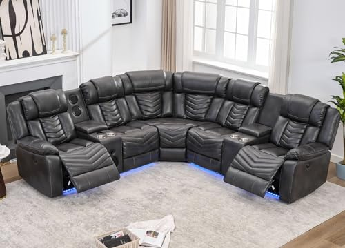 Comfort Stretch Power Recliner Sectional Sofa Couches with Bass Speakers for Living Room, Faux Leather Reclining Corner Sectionals Sofa Couch Sets with LED Light, Electric Theater Recliners Home,Grey
