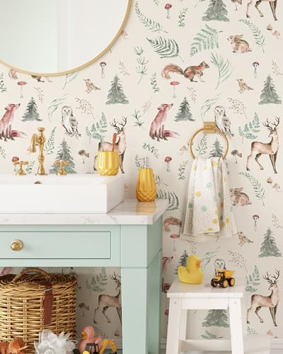 Coloritto Forest Animals Wallpaper | Removable Self Adhesive Botanical Wallpaper | Flower and Forest Peel and Stick Wallpaper (Sample 12 W x 8 H)
