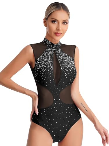 YiZYiF Body da Danza da Donna Senza Maniche Body da Pattinaggio Artistico Strass Scintillante Abito da Ballo Balletto Tuta Danza Costume Nero L