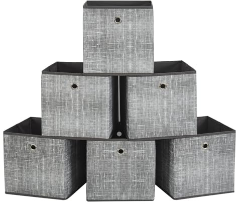 Webeasy Square Printed Grey Canvas Fabric Storage Box, Pack of 6 Eyelet Cube Foldable Open Bins for Home Office Nursery Organisation, Printed Grey, 28X28X28(CM)