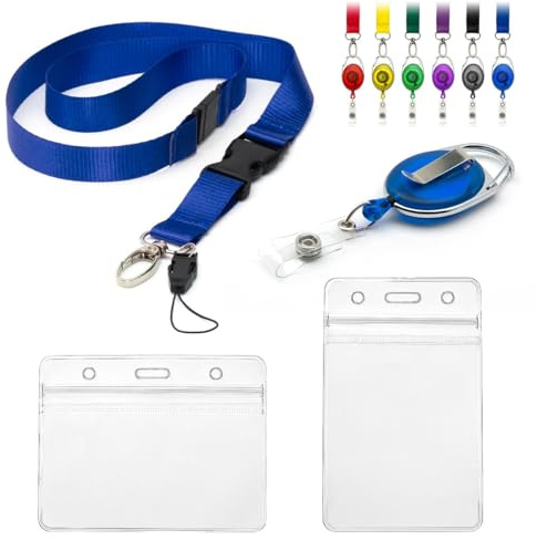 CKB LTD Lanyard med korthållare, set om 4 delar, inkluderar 1 avtagbar säkerhetssnodd, 1 x infällbar Yo Yo-rulleklämma, 2 vattentäta transparenta ID-kort, b