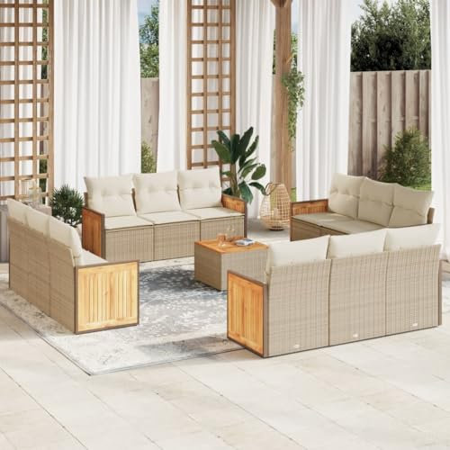 Rantry 13-TLG. Garten Sofagarnitur mit Kissen Gartensofa mit Stauraum Gartenlounge Balkonmöbel Loungesofa Gartenmöbel Rattansofa Ecksofa Sitzgruppe mit Gartentisch Gartenset Beige Poly Rattan