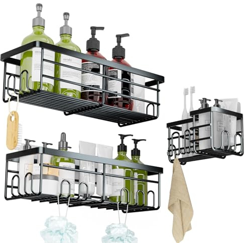 Lehuveky Duschablage ohne Bohren - 3 Stück Schwarz Duschregal - Rostfrei Badezimmer Regal mit Zahnbürstenhalter - Große Badregal Shampoo Halterung für Dusch