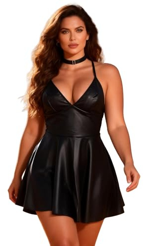 comeondear Vestido Sexy Mujer Cuero PU Mini Vestido Cortos Fiesta Cuello en V Profundo Vestidos Tirantes Conjunto Sin Espalda Bodycon Disfraz Sexy Outfit Women Clubwear Talla Grande Negro 3XL