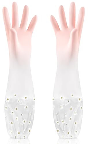 Feibety Long Rubber Gloves - Cotton Lined for Household & Garden Chores, Gardening, Weeding, Washing, Cleaning & Dishwashing - Medium Protection, Heavy Duty, Waterproof Sleeves