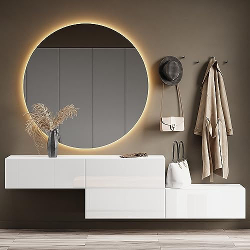 Planetmöbel Flurgarderobe 2X 160 cm | Spiegel rund mit Beleuchtung 100 cm, Weiß, Flur Möbel mit Spiegel, 2x 37,8T x 160B x 32,5H cm