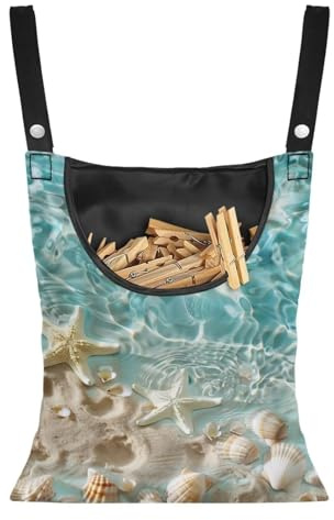 CREAMIC Starfish Clothespin Organizer Bag Shell Beach Clothespin Bags with Hanging Hook Waterproof Clothes Pin Storage Organizer with Large Opening Clothespin Bag for Clothesline Outdoor
