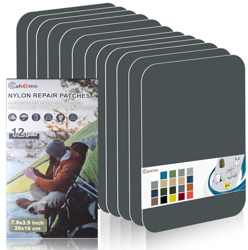 Cahomo Nylon Reparatur Patches, 12 Stück 20x10 cm Selbstklebender Wasserdichte Reparatur Patch, Daunenjacke Flicken Reparaturset，Nylon Flicken Selbstklebend, für Jacken, Zelte, Daunenjacke-Dunkelgrau