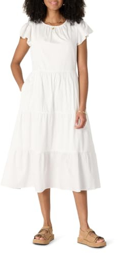 Amazon Essentials Mujer Vestido Midi, a Capas y Holgado de Satén de Algodón con Cuello Redondo
