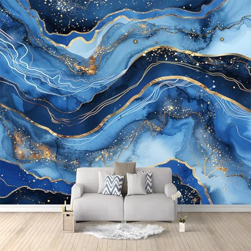 Motivo Geometrico In Marmo Carta da Parati Blu TNT Fotomurali Moderna 3D Effetto per Soggiorno, Camera Letto, Sala Pranzo, TV Sfondo 200x140 cm
