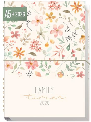 Häfft® Family-Timer 2026 A5+ Wild Blossoms Familien-Kalender für 4 Personen, Familien-Planer 12 Monate: Jan bis Dez 26, Family-Organizer - nachhaltig & klimafreundlich
