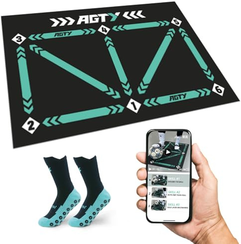 Soccer Training Mat,Indoor Soccer Training Mat,Football Door Mat Anti-Skid Carpet for Corner Football Field Ground, Silent Shock Absorption Soccer Trainer Mat (Black mat+Child Socks)