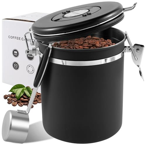 JETHMA 1500ML Airtight Coffee Canister with Date Tracker - 53Oz Beans Storage with Measure Spoon & CO2 Valve, Kitchen Food Container for Grounds Coffee, Beans & Tea (Midnight Roast)