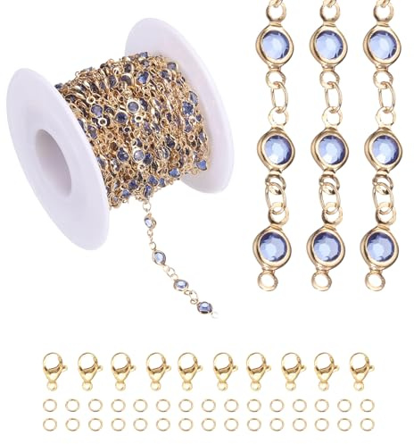 PATIKIL 16,4 fot strasskedjerulle, kedjelänkar för smyckestillverkning, bulk med hummerklappor, bindringar för smyckestillverkning, gör-det-själv-hantverk, halsband, armband, guldton (ljusblå)