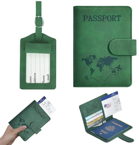 AXERHK Lot de 2 housses de passeport avec étui pour passeport et étiquette de bagage, couverture pratique verte, rangement multicouche, organisateur de passeport pour voyage et voyage d'affaires