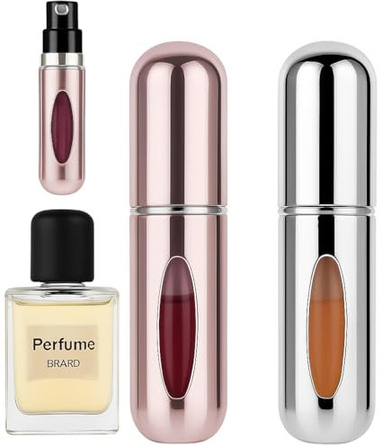 Treegalore 2 PCS 5ml Perfume Atomiser Refillable Bottles Portable Mini Spray Travel Bottle Easy to Refill Empty Atomizer Bottle for Purse Handbag Pocket Luggage,Glossy Colors (Silver, Pink)