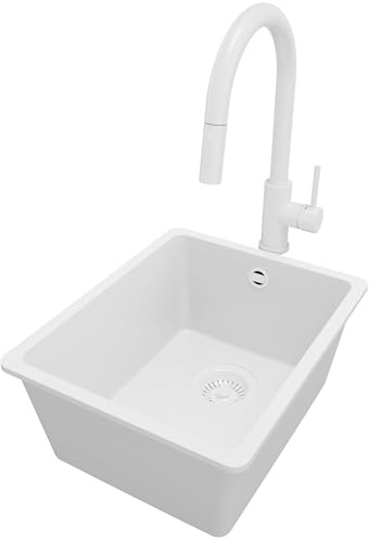 PRIMAGRAN Fregadero bajo Encimera al Mueble 40cm + Grifo, 36x44cm | Set: Grifo BW9010 + Kit de desagüe (sifón, válvula, rebosadero) + Venecia Easy 1 Seno Granito, Todo Blanco