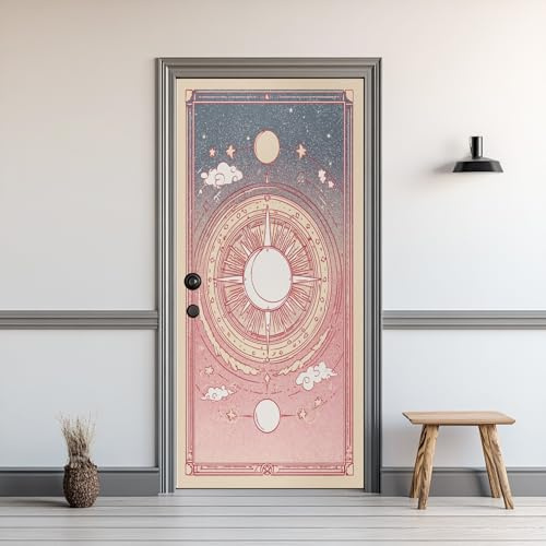 Boho Astrologie Türaufkleber Türfolie Sonne Mond Sterne Türtapete Selbstklebend Geheimnisvolles Universum Türfolie Selbstklebend PVC Wasserdich Abnehmbar für Wohnzimmer Schlafzimmer Bad 86x200cm