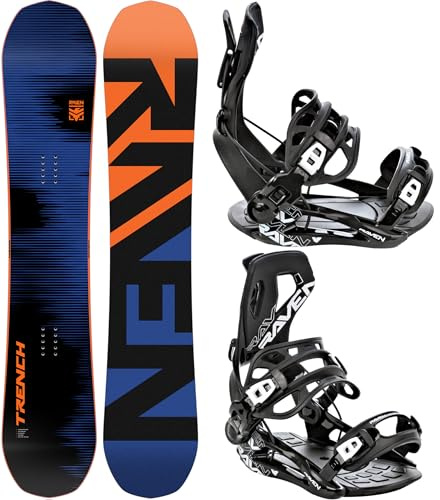 RAVEN Snowboard Set: Snowboard Trench Carbon Navy/Orange + Bindung FT360 (162cm Wide + Bindung FT360 Black XL)