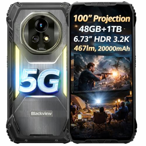5G IA Projecteur Smartphone Incassable Blackview XPLORE 2, Projection 100'', 48GB+1TB, 6.73'' 3.2K HDR Écran, 467lm Camping Lumières, Vision Nocturne 50MP, Batterie 20000mAh, Téléphone Robuste IP68