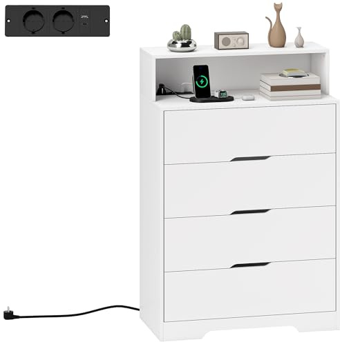 HOMCOM Cómoda de 4 Cajones con Estación de Carga, 80x40x120 cm, Blanco