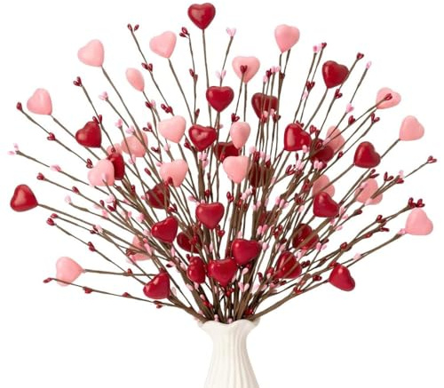 Sousi Branches de Baies artificielles décoratives en Forme de cœur Rouge pour la Saint Valentin, pour Mariage et Maison, 19 cm de Hauteur, Fleurs en Soie pour intérieur